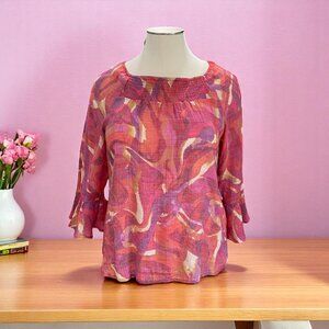 Ava And‎ Grace XL Smocked Boho Peasant Blouse Pink Abstract Lightweight Top